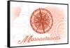 Massachusetts - Compass - Coral - Coastal Icon-Lantern Press-Framed Stretched Canvas