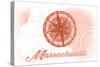 Massachusetts - Compass - Coral - Coastal Icon-Lantern Press-Stretched Canvas