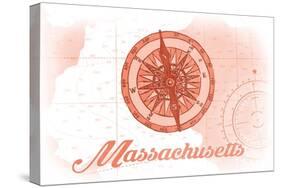 Massachusetts - Compass - Coral - Coastal Icon-Lantern Press-Stretched Canvas