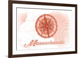 Massachusetts - Compass - Coral - Coastal Icon-Lantern Press-Framed Art Print