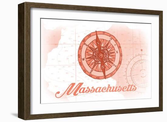 Massachusetts - Compass - Coral - Coastal Icon-Lantern Press-Framed Art Print