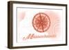 Massachusetts - Compass - Coral - Coastal Icon-Lantern Press-Framed Art Print