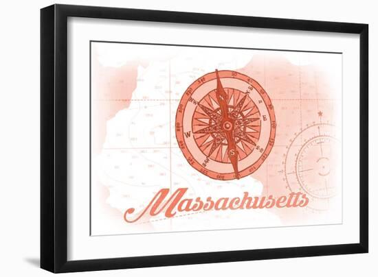 Massachusetts - Compass - Coral - Coastal Icon-Lantern Press-Framed Art Print