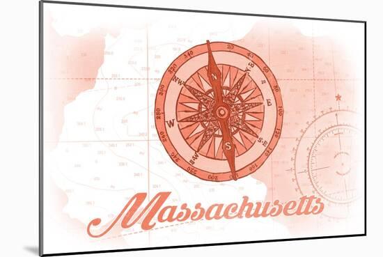 Massachusetts - Compass - Coral - Coastal Icon-Lantern Press-Mounted Art Print