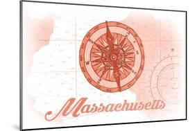 Massachusetts - Compass - Coral - Coastal Icon-Lantern Press-Mounted Art Print