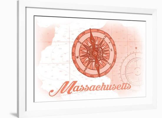 Massachusetts - Compass - Coral - Coastal Icon-Lantern Press-Framed Premium Giclee Print