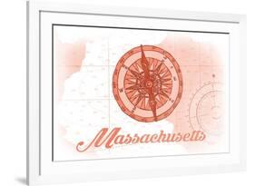 Massachusetts - Compass - Coral - Coastal Icon-Lantern Press-Framed Premium Giclee Print