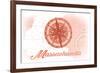 Massachusetts - Compass - Coral - Coastal Icon-Lantern Press-Framed Premium Giclee Print