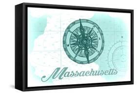 Massachusetts - Compass - Teal - Coastal Icon-Lantern Press-Framed Stretched Canvas