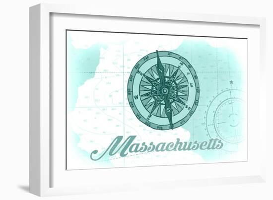 Massachusetts - Compass - Teal - Coastal Icon-Lantern Press-Framed Art Print