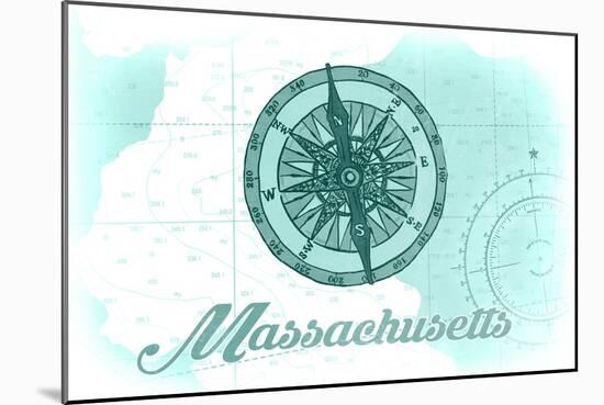 Massachusetts - Compass - Teal - Coastal Icon-Lantern Press-Mounted Art Print