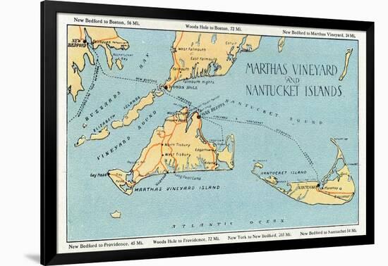 Massachusetts - Detailed Map of Martha's Vineyard and Nantucket Islands-Lantern Press-Framed Art Print