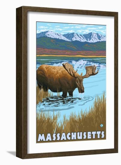 Massachusetts - Moose Drinking in Lake-Lantern Press-Framed Art Print