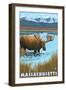 Massachusetts - Moose Drinking in Lake-Lantern Press-Framed Art Print