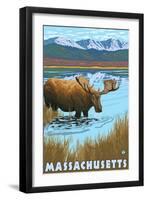 Massachusetts - Moose Drinking in Lake-Lantern Press-Framed Art Print