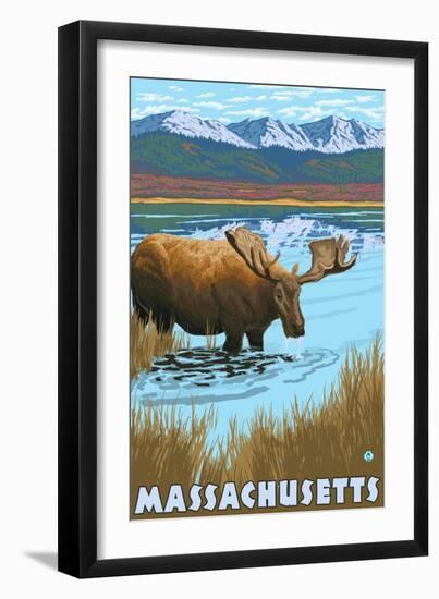 Massachusetts - Moose Drinking in Lake-Lantern Press-Framed Art Print