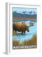 Massachusetts - Moose Drinking in Lake-Lantern Press-Framed Art Print