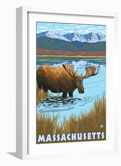 Massachusetts - Moose Drinking in Lake-Lantern Press-Framed Art Print