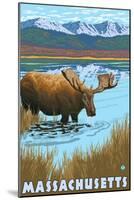 Massachusetts - Moose Drinking in Lake-Lantern Press-Mounted Art Print