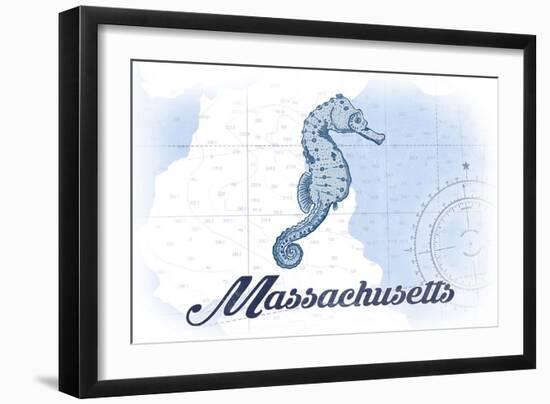 Massachusetts - Seahorse - Blue - Coastal Icon-Lantern Press-Framed Art Print