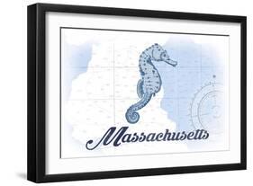 Massachusetts - Seahorse - Blue - Coastal Icon-Lantern Press-Framed Art Print