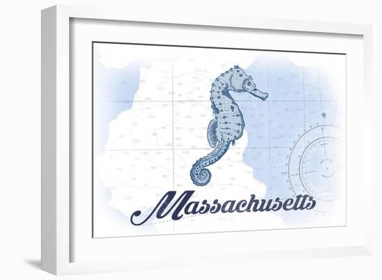 Massachusetts - Seahorse - Blue - Coastal Icon-Lantern Press-Framed Art Print