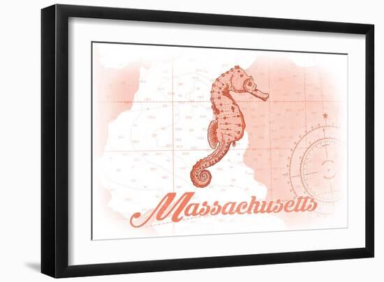 Massachusetts - Seahorse - Coral - Coastal Icon-Lantern Press-Framed Art Print