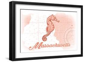 Massachusetts - Seahorse - Coral - Coastal Icon-Lantern Press-Framed Art Print