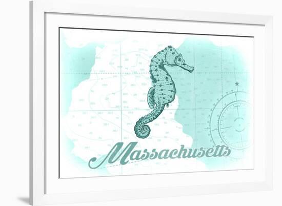 Massachusetts - Seahorse - Teal - Coastal Icon-Lantern Press-Framed Premium Giclee Print