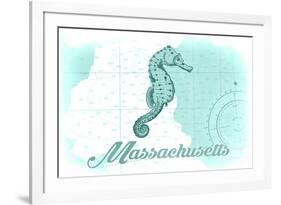 Massachusetts - Seahorse - Teal - Coastal Icon-Lantern Press-Framed Premium Giclee Print