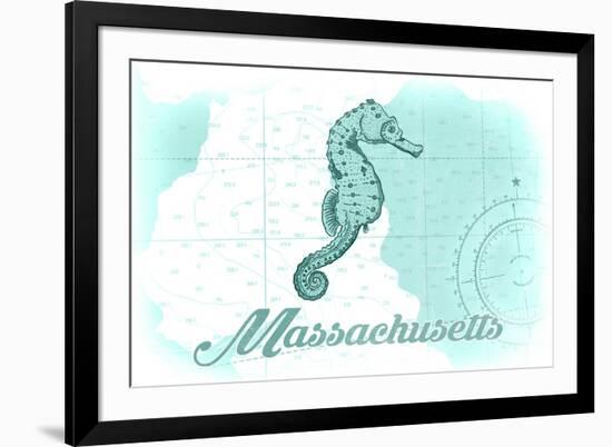 Massachusetts - Seahorse - Teal - Coastal Icon-Lantern Press-Framed Premium Giclee Print