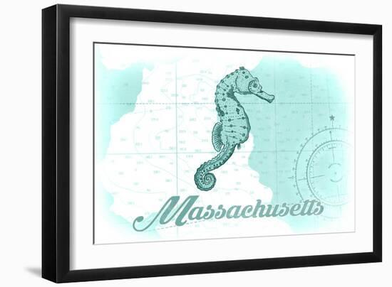 Massachusetts - Seahorse - Teal - Coastal Icon-Lantern Press-Framed Art Print