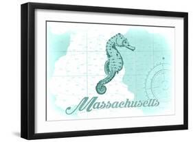 Massachusetts - Seahorse - Teal - Coastal Icon-Lantern Press-Framed Art Print