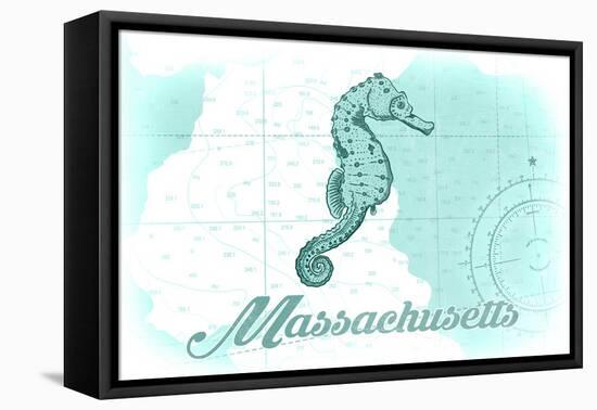 Massachusetts - Seahorse - Teal - Coastal Icon-Lantern Press-Framed Stretched Canvas