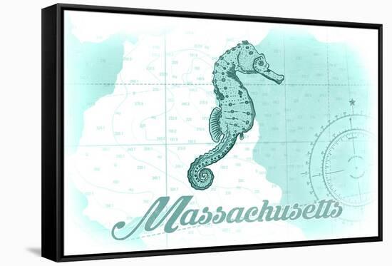 Massachusetts - Seahorse - Teal - Coastal Icon-Lantern Press-Framed Stretched Canvas