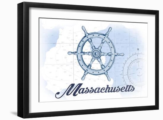 Massachusetts - Ship Wheel - Blue - Coastal Icon-Lantern Press-Framed Art Print
