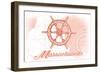 Massachusetts - Ship Wheel - Coral - Coastal Icon-Lantern Press-Framed Art Print