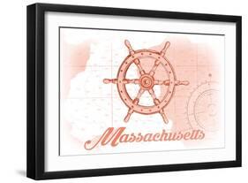 Massachusetts - Ship Wheel - Coral - Coastal Icon-Lantern Press-Framed Art Print