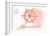 Massachusetts - Ship Wheel - Coral - Coastal Icon-Lantern Press-Framed Art Print