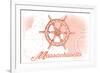 Massachusetts - Ship Wheel - Coral - Coastal Icon-Lantern Press-Framed Art Print