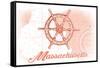 Massachusetts - Ship Wheel - Coral - Coastal Icon-Lantern Press-Framed Stretched Canvas