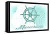 Massachusetts - Ship Wheel - Teal - Coastal Icon-Lantern Press-Framed Stretched Canvas