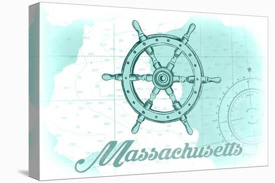 Massachusetts - Ship Wheel - Teal - Coastal Icon-Lantern Press-Stretched Canvas