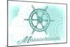 Massachusetts - Ship Wheel - Teal - Coastal Icon-Lantern Press-Mounted Art Print