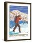 Massachusetts - Skier Carrying Skis-Lantern Press-Framed Art Print