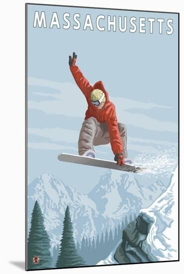 Massachusetts, Snowboarder Jumping-Lantern Press-Mounted Art Print