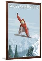 Massachusetts, Snowboarder Jumping-Lantern Press-Framed Art Print