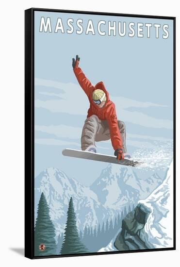 Massachusetts, Snowboarder Jumping-Lantern Press-Framed Stretched Canvas