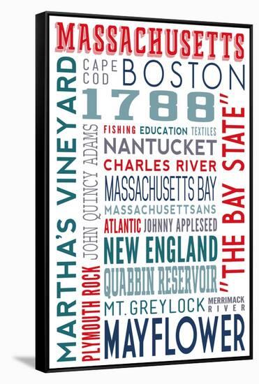 Massachusetts - Typography-Lantern Press-Framed Stretched Canvas