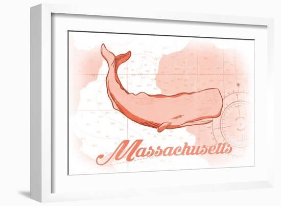 Massachusetts - Whale - Coral - Coastal Icon-Lantern Press-Framed Art Print